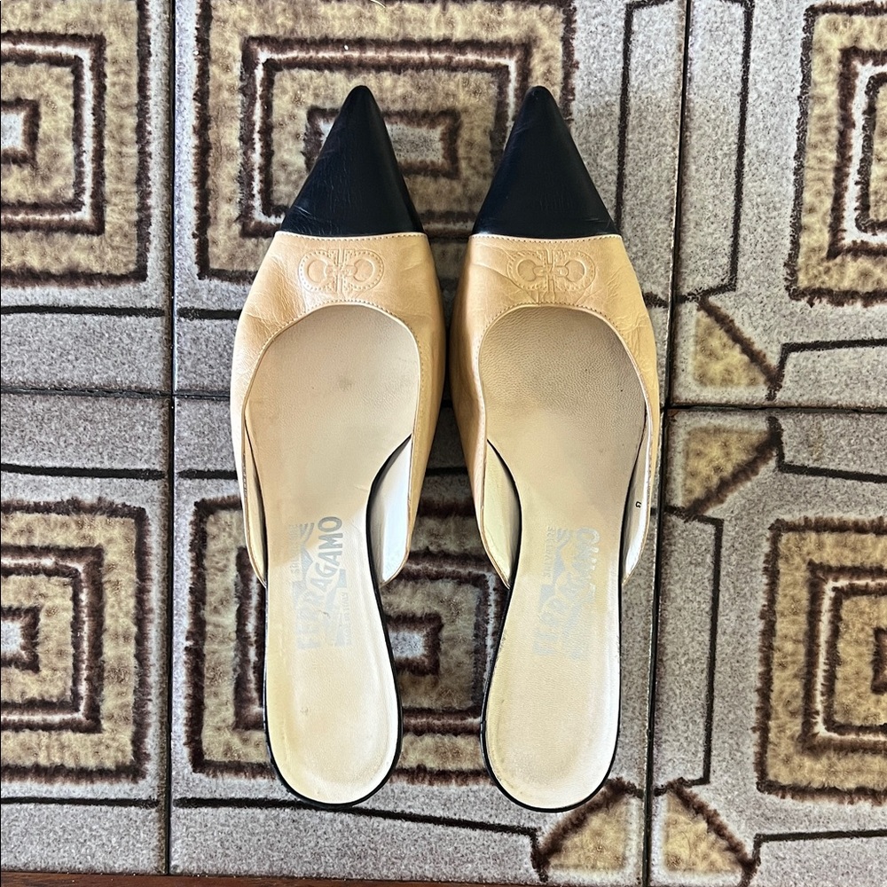 Salvatore Ferragamo Tan and Black Mules